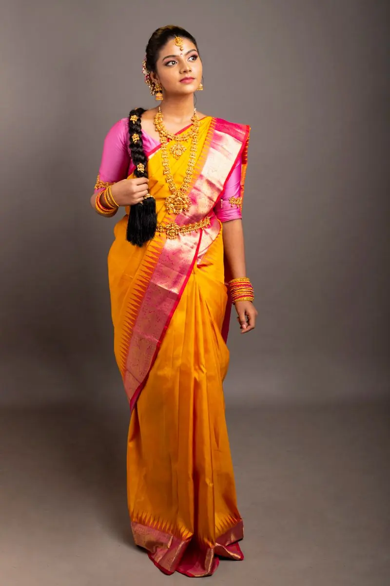 A Kanjivaram silk saree with a temple border
